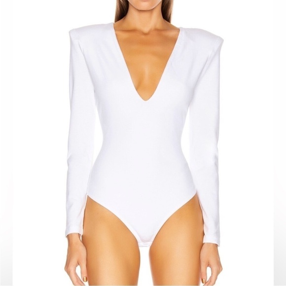 Grlfrnd Eryka Long Sleeve Jersey Knit Paddle Thong Bodysuit in White - Picture 5 of 13